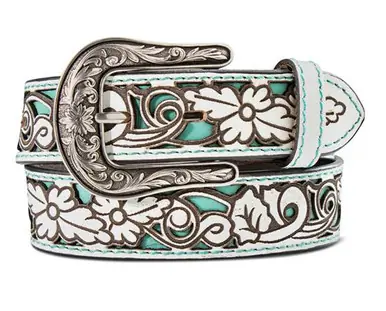 Ariat® Girls' White/Turquoise Floral Filigree Leather Belt - Accessories