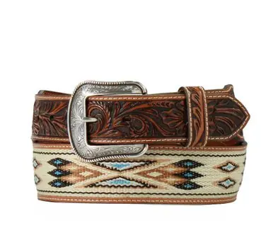 3D Belts® Men's Brown Leather/Tan Southwest Woven Inlay Tapered Belt - Accessories