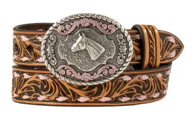 Nocona® Little Girls' Brown Embossed/Pink Bucklaced Belt - Accessories