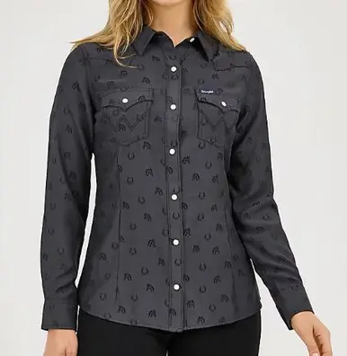SALE Wrangler Retro® Ladies' L/S Subtle Black Horses Western Snap Shirt - Sale Barn