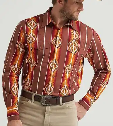 SALE Wrangler Checotah® Men's L/S Sunset Orange Aztec Snap Shirt - Sale Barn