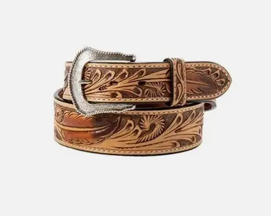 3D Belts® Men's Tan Feather/Scroll Embossed Tapered Leather Belt - Accessories