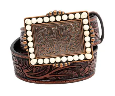 Angel Ranch® Girls' Brown Floral Embossed Belt with Rectangle White Stone Buckle - Accessories
