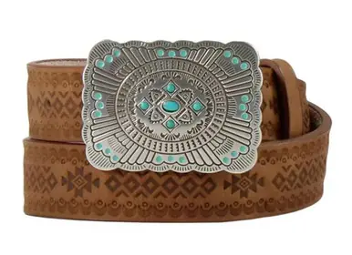 Angel Ranch® Girls' Brown Southwestern Embossed Belt with Rectangle Silver/Turquoise Buckle - Accessories