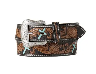 Nocona® Men's Black/Brown Tooled with Turquoise Painted Crosses Belt - Brands