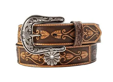 Nocona® Ladies' Brown/Tan Embossed Panels/Daisy Conchos Belt - Brands
