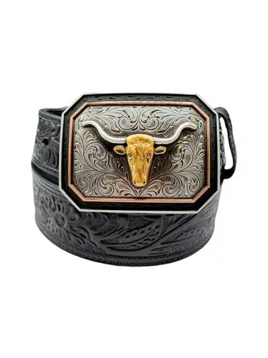 Ariat® Men's Black Floral Embossed Belt with Longhorn Buckle - Brands