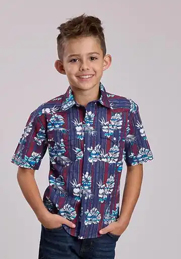 Roper® Boy's S/S Blue/Red Tropical Aztec Snap Shirt - Brands