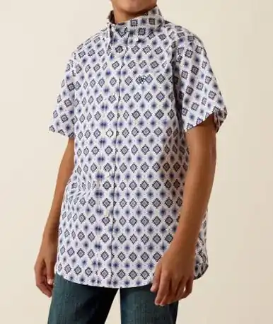 Ariat® Boy's S/S White/Blue Southwest Print Baxter Button Shirt - Kids