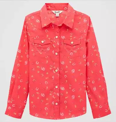 Wrangler® Girls' L/S Pink/Coral Floral/Horseshoes Snap Shirt - Kids