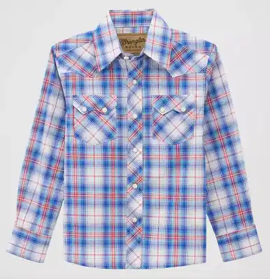 Wrangler Retro® Boys' L/S Daisy Blue/Red Plaid Snap Shirt - Kids