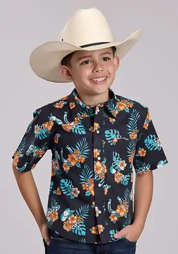 Roper® Boys' S/S Black Hawaiian Print Snap Shirt - Kids