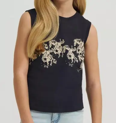 Wrangler x Lainey Wilson® Girls' Black Sleeveless Tan Bronco Tank - Brands
