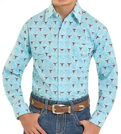 Panhandle Slim® Boys' L/S Turquoise Paisley/Brown Steerhead Print Snap Shirt - Kids