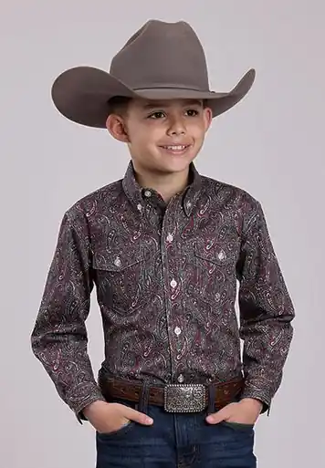 Roper® Boys' L/S Wine/Grey Paisley Print Button Shirt - Kids