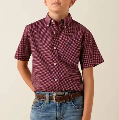 Ariat® Boys' Maroon Banner Geo Print Pippin Button Shirt - Kids