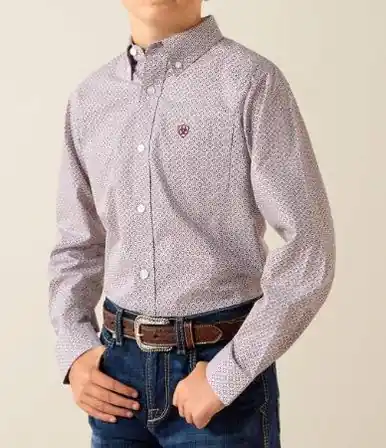 Ariat® Boys' L/S Grey/Burgundy Geo Print Philly Button Shirt - Kids