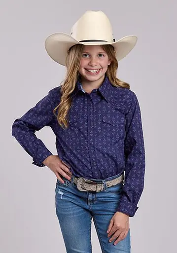 Roper® Girls' L/S Deep Blue Aztec Print Snap Shirt - Kids