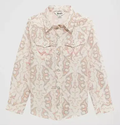 Wrangler® Girls' L/S Peach/Turquoise Boot Stitch Print Snap Shirt - Brands