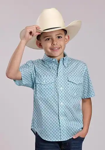 Roper® Boys' S/S Teal Geo Print Stretch Button Shirt - Kids