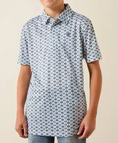 Ariat® Boys' S/S White/Blue Southwest Space Print Polo Shirt - Kids