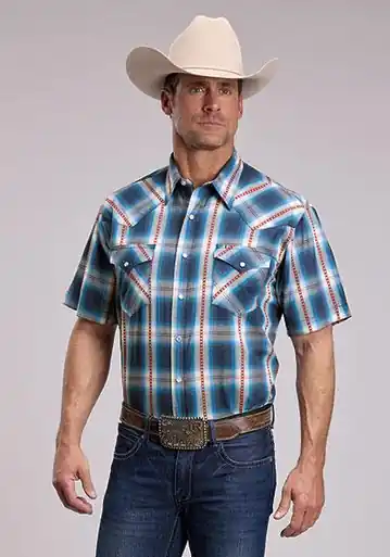Roper® Men's S/S Red/White/Blue Plaid Snap Shirt - Mens