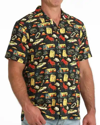 Cinch® Men's S/S Black 8 Seconds Western Print Button Camp Shirt - Mens