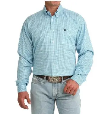 Cinch® Men's L/S Light/Dark Blue Checkered Plaid Button Shirt - Mens