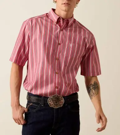Ariat® Men's S/S Hibiscus Red Stripe Pro Series Bobby Classic Fit Button Shirt - Mens