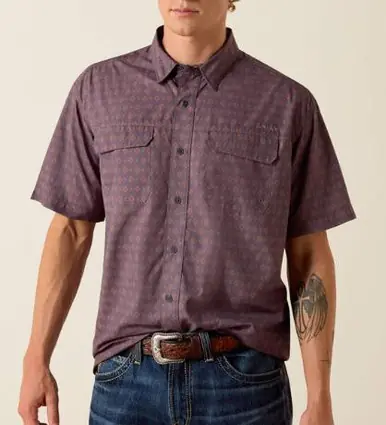 Ariat® Men's S/S Black/Orange Geo Print VentTEK Outbound Classic Fit Button Shirt - Brands