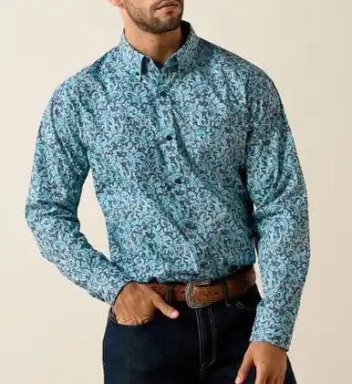 Ariat® Men's L/S Navy/Turquoise Paisley Phelps Classic Fit Button Shirt - Mens