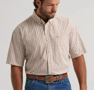 Wrangler® George Strait™ Men's S/S Desert Tan Plaid Button Shirt - Mens