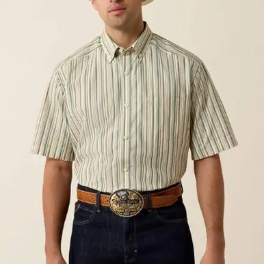 Ariat® Men's S/S Brown/Olive Multi Stripe Pro Series Stevie Classic Fit Button Shirt - Mens