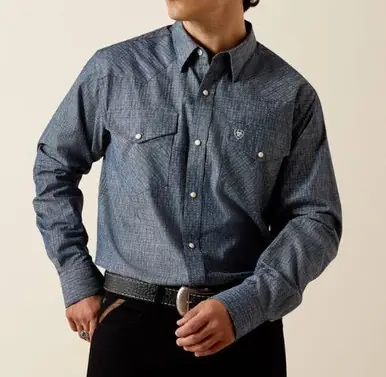 Ariat® Men's L/S Chambray Blue Geo Print Felipe Fitted Snap Shirt - Mens