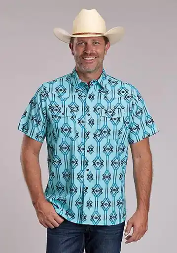 Roper® Men's S/S Blue Vertical Aztec Print Snap Shirt - Brands