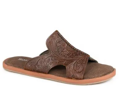 Roper® Ladies' Brown Tooled Slide Flat Sandals - Footwear