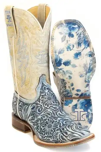 Tin Haul® Ladies' Blue/Ivory Tooled Charmcut Floral Tooled Square Toe Boots - Footwear