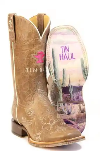 Tin Haul® Ladies' Tan Cacti Embroidered Cacatillow/Saguaro Sole Square Toe Boots - Footwear