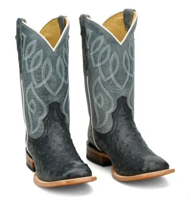Tony Lama® Ladies' Black Ostrich/Grey Cheyenne Square Toe Boots - Footwear