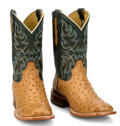 Tony Lama® Men's Tan Ostrich/Green Blaine Square Toe Boots - Footwear