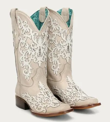 Corral® Ladies' Bone Overlay/Embroidery/Studs Square Toe Boots - Footwear
