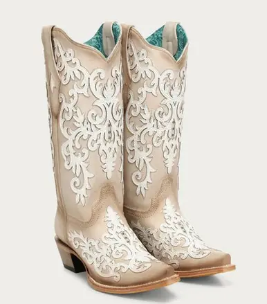 Corral® Ladies' Bone Overlay Embroidery & Studs Snip Toe Boots - Footwear
