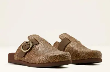 Ariat® Ladies' Brown Floral Embossed Country Mules - Footwear