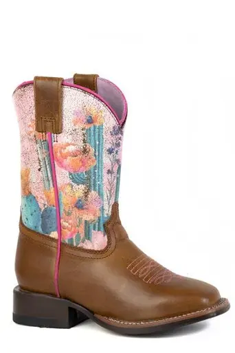 Roper® Big Kids' Brown/Cactus Flowers Square Toe Boots - Footwear
