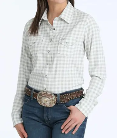 Cinch® Ladies' L/S White/Grey Plaid ArenaFlex Snap Shirt - Brands