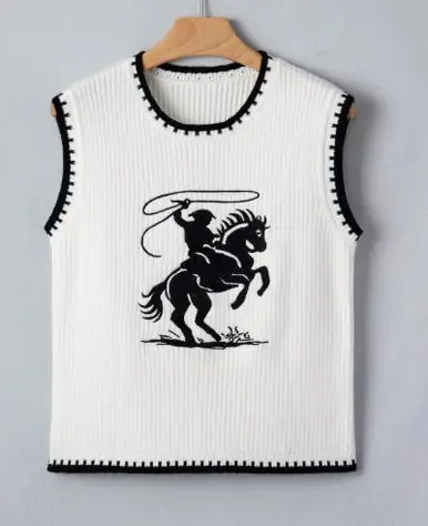 Dear-Lover® Ladies' White Round Neck Rodeo Cowboy Sweater Vest