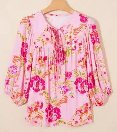 Dear-Lover® Half-Sleeve Pink Floral Print Tie Neck Puffy Blouse