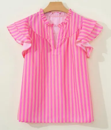 Dear-Lover® Ladies' Ruffle Sleeve Pink Stripe Split Neck Blouse