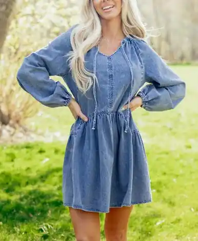 Dear-Lover® Ladies' Long Puff Sleeve V-Neck Denim Mini Dress