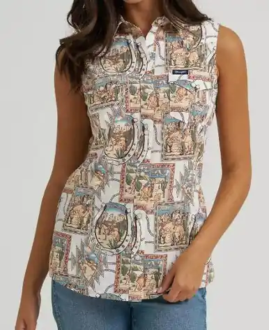 Wrangler® Ladies' Vintage Western Print Sleeveless Snap Shirt